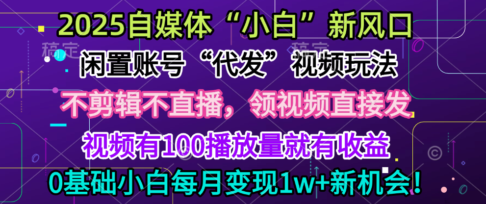 2025每月躺赚5w+新机会，闲置视频账号一键代发玩法，0粉不实名不剪辑，领了视频直接发，0基础小白也能日入300+-万图副业网